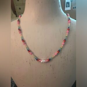 Multicolored necklace with pearl.   Dainty.